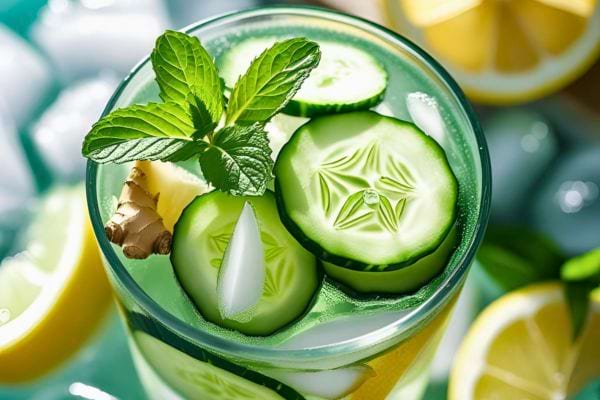 Boisson citronnée aux concombres, menthe et glaçons vue du dessus.