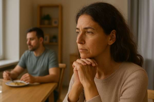 Femme pensive à table, l’homme en arrière-plan mange en silence.