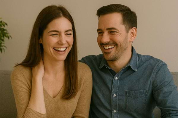 Ils partagent un moment joyeux, riant ensemble naturellement.