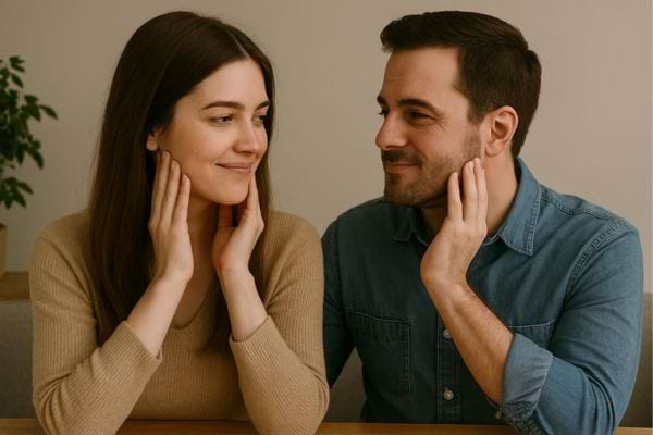 Ils se regardent en mimant le même geste sur leurs joues, en souriant doucement.