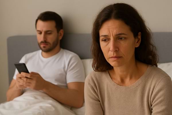 Femme triste au lit, l’homme derrière est absorbé par son téléphone.