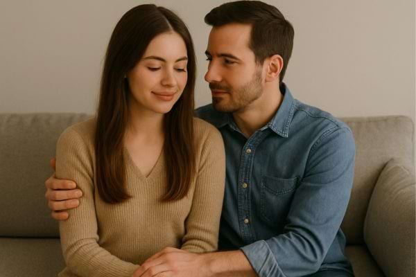 Le couple est assis côte à côte, avec un contact tendre et un regard complice.