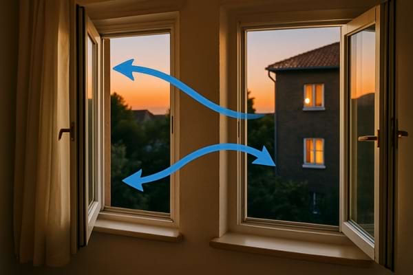 Deux fenêtres ouvertes avec flèches illustrant la circulation d’air.