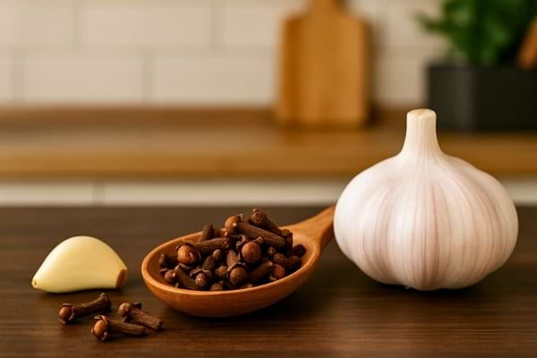 Ail et clous sur une table.