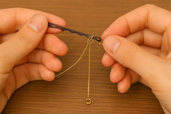 Démêlage d’un collier avec une épingle à cheveux.
