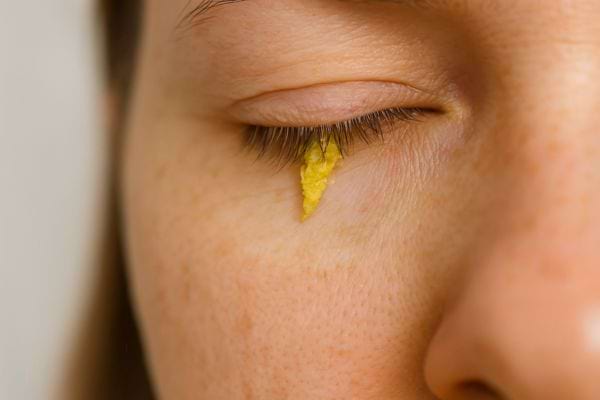 Croûte jaune visible au coin externe d’un œil fermé.
