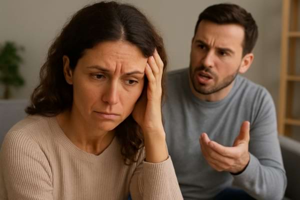 Dispute de couple, l’homme parle, la femme a l’air accablée.