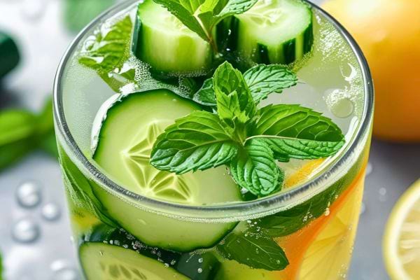 Boisson fraîche aux concombres, citron et menthe vue de près.