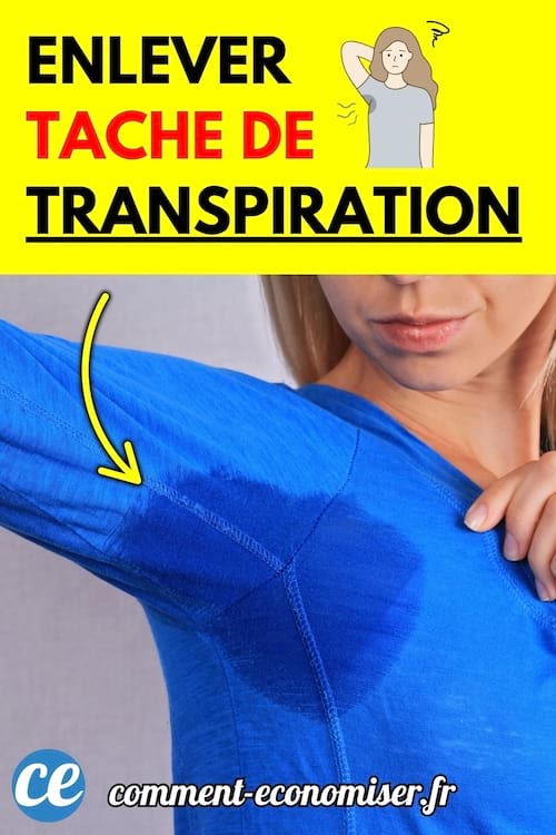 Une femme en tee-shirt bleu avec une auréole de transpiration visible sous l’aisselle.