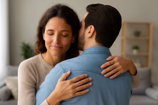 Femme enlaçant son mari témoignant un besoin d'amour profond. 