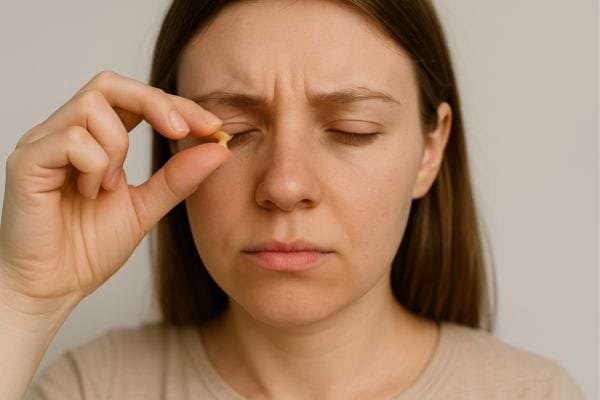 Femme tenant une croûte jaune devant son œil fermé.