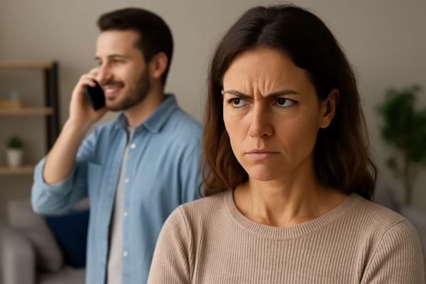 Femme en colère, l’homme derrière elle sourit au téléphone.