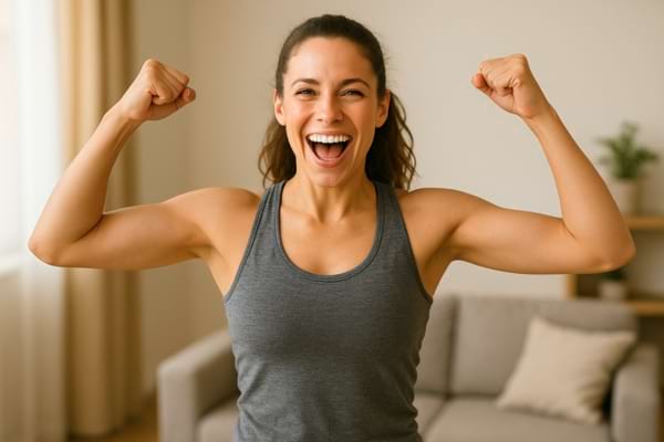 Femme souriante, bras musclés levés.