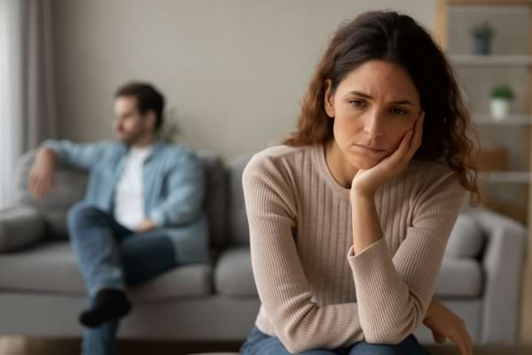 Femme pensive assise, l’homme en retrait sur le canapé.