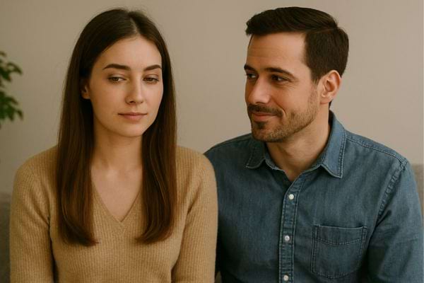 La femme regarde ailleurs, tandis que l’homme l’observe avec un léger sourire.