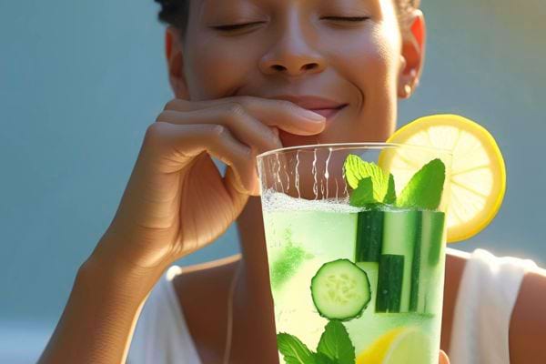 Femme souriante savourant une boisson detox au citron et concombre.