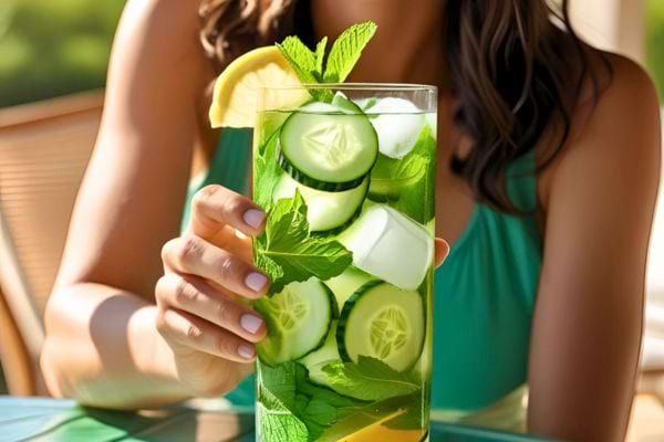 Femme en extérieur tenant un grand verre de boisson citron-concombre.