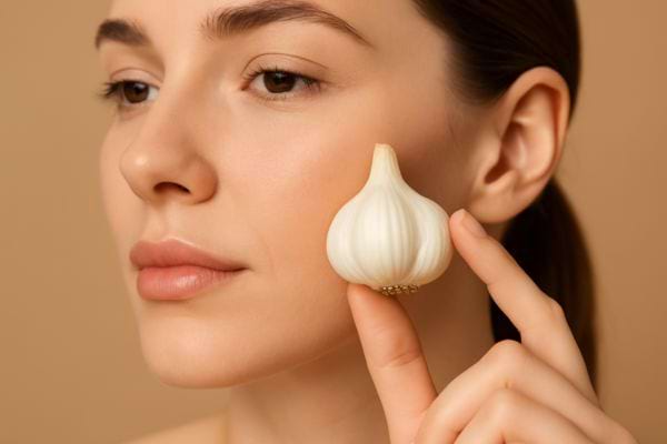 Femme appliquant une tête d’ail entière sur sa joue.