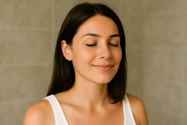 Femme paisible, yeux fermés.