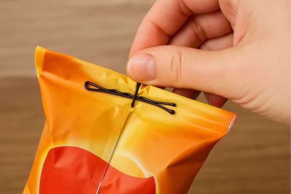 Fermeture d’un paquet avec une épingle à cheveux.