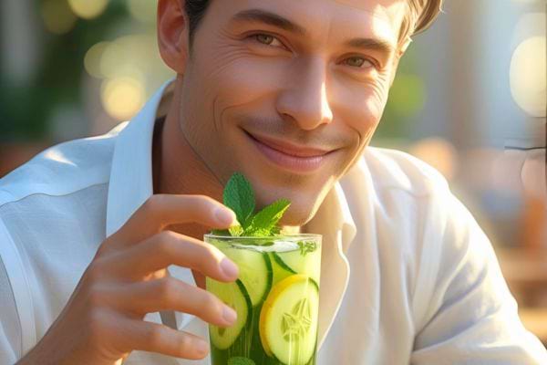 Homme souriant tenant un verre de boisson fraîche au citron et concombre.