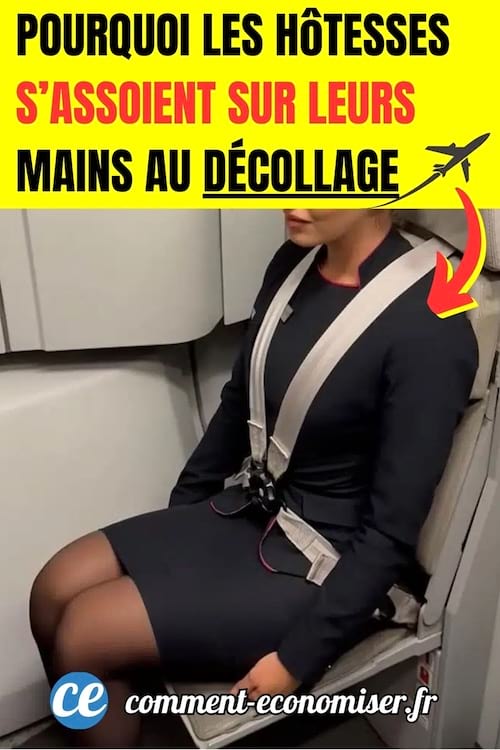 une h&ocirc;tesse de l'air assise sur ses mains avec sa ceinture de s&eacute;curit&eacute;