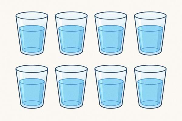 Huit verres d’eau sont alignés.