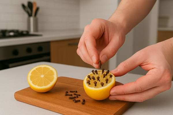 On plante des clous de girofle dans une moitié.