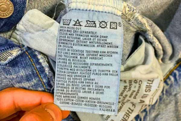 Étiquette jean multilingue, laver à l’envers, couleur transférable, coton.