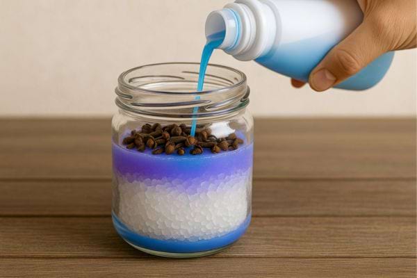 Liquide bleu ajouté sur les ingrédients précédents.