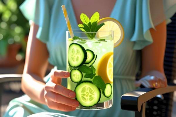 Femme en robe tenant une boisson fraîche au citron et menthe.