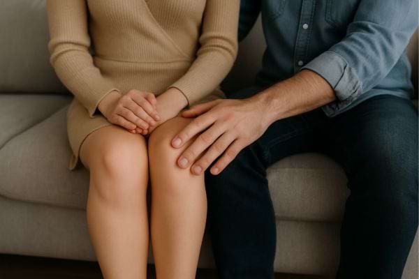 L’homme pose doucement sa main sur la jambe de la femme assise à côté de lui.