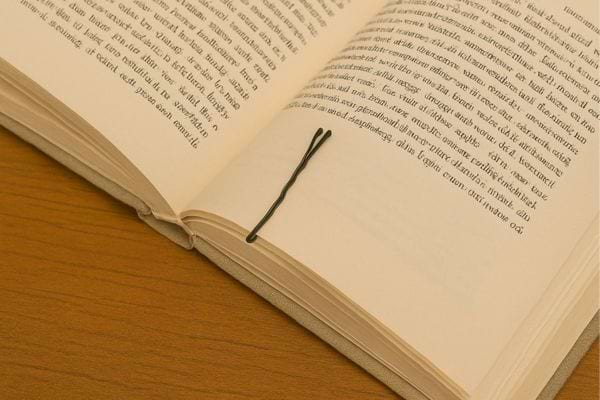 Épingle servant de marque-page dans un livre.