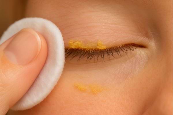 Disque de coton en train de nettoyer une croûte jaune.