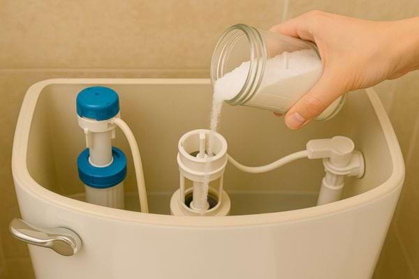 Le bicarbonate est versé dans le mécanisme du réservoir.