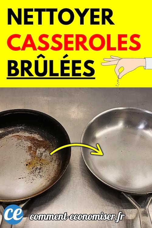 Deux casseroles posées côte à côte, l'une très brûlée et l'autre parfaitement nettoyée.