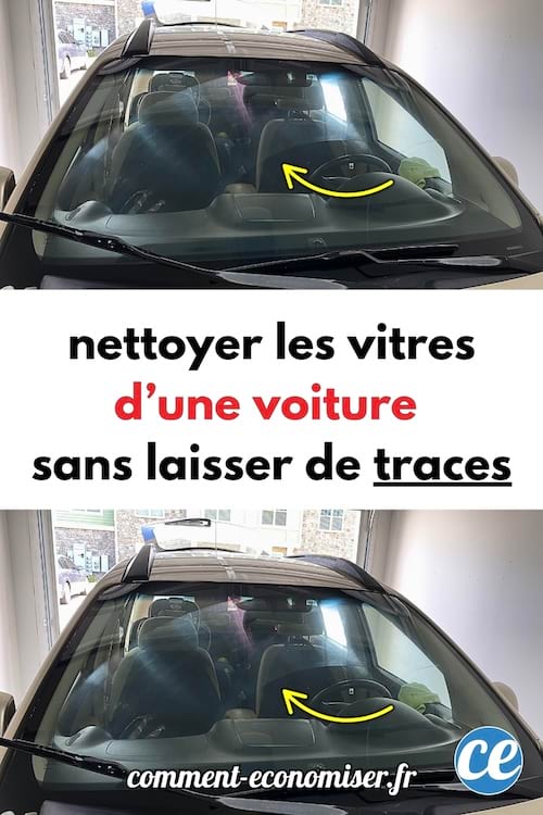 Pare-brise d’une voiture vu de l’extérieur avec un avant-après montrant une vitre propre sans traces.