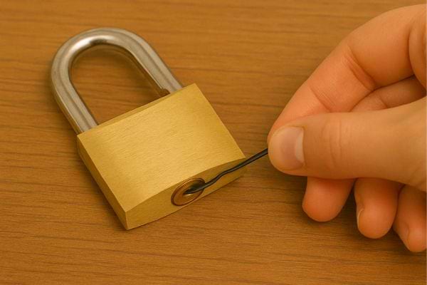 Épingle glissée dans un cadenas pour le crocheter.