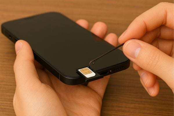 Ouverture d’un tiroir SIM avec une épingle.