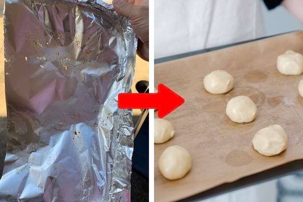 Papier alu usé remplacé par papier cuisson sain.