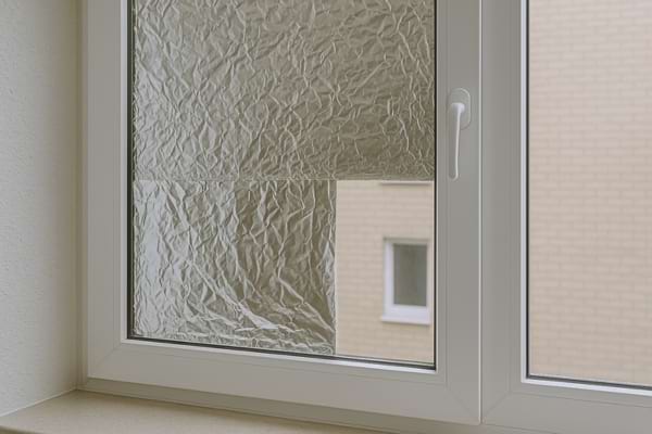 Fenêtre recouverte de papier aluminium pour bloquer la chaleur.