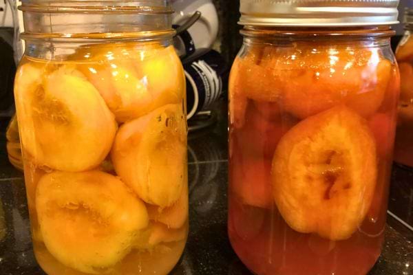 Pêches en conserve dans des bocaux en verre.