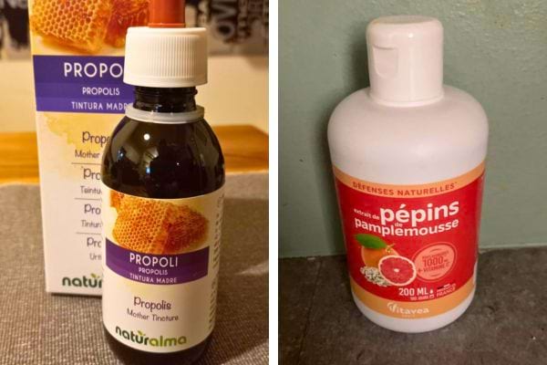 Flacons de propolis et extrait de pépins de pamplemousse.