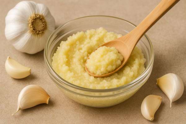 Purée d’ail maison dans un bol avec des gousses autour.