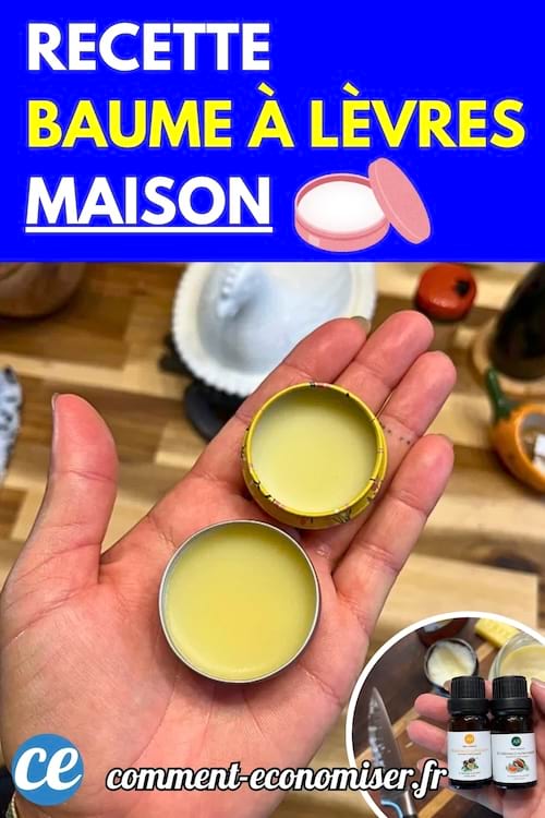 Deux baumes à lèvres faits maison tenus dans la paume de la main.