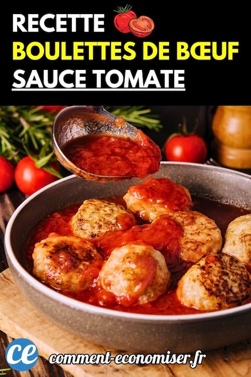 Des boulettes de bœuf dorées dans une poêle, nappées de sauce tomate servie à la louche.