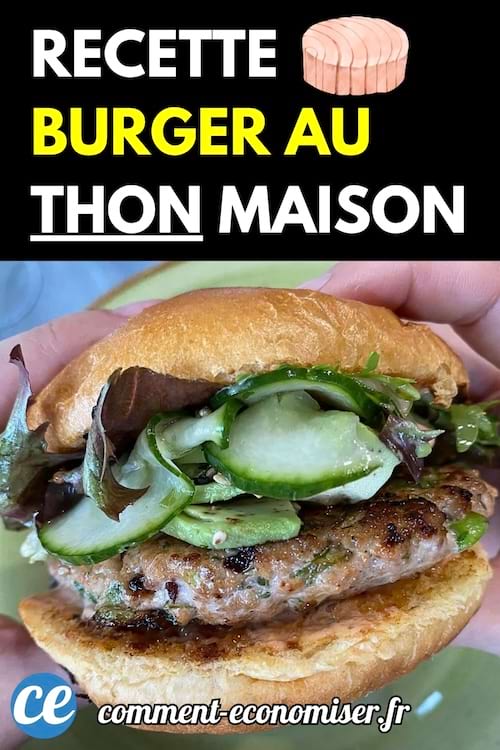 Un burger fait maison au thon avec des légumes verts et une garniture fraîche dans une main.