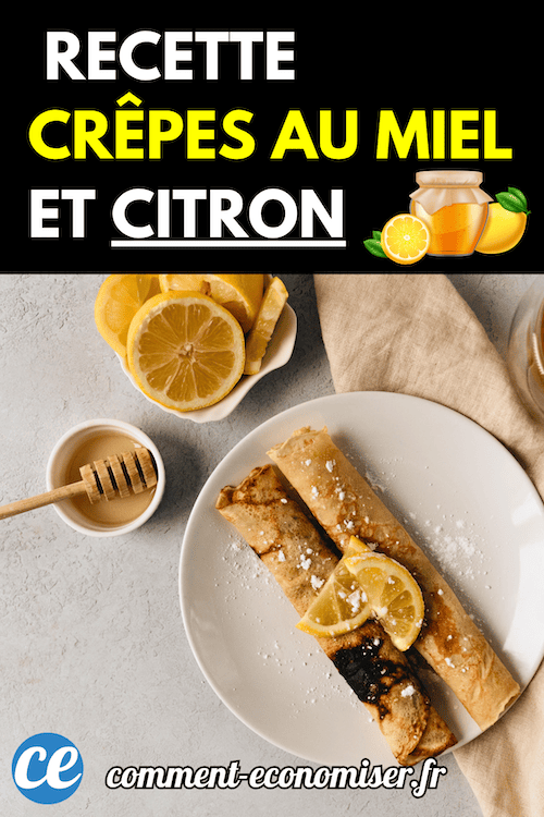 Crêpes roulées servies avec des tranches de citron, du miel et une tasse de boisson chaude.