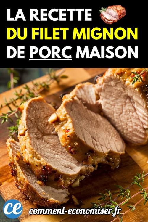 Un filet mignon de porc rôti, juteux et tranché, servi sur une planche en bois avec des brins de thym frais.