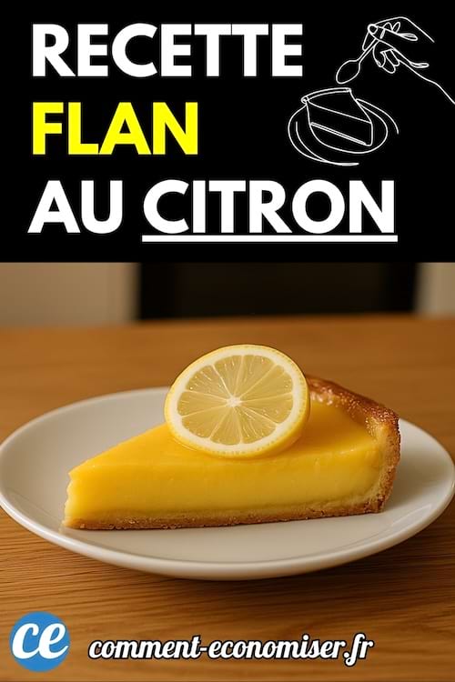 Une part de flan jaune au citron posée dans une assiette blanche, décorée d’une rondelle de citron sur le dessus.